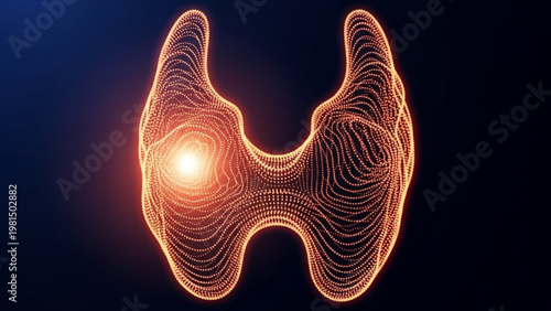 Abstract 3D rendering of the human thyroid gland with glowing area representing a potential issue or focus point, scientific medical illustration