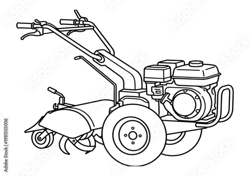 Walking tractor with rotating tines for tilling soil, garden tool with engine and handles