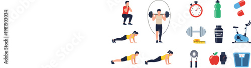 Fitness and Workout Icons Set Featuring Dumbbells, Stopwatch, Push-ups, Supplements, and Exercise Equipment for Health and Training