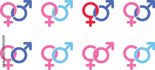 Colorful Gender Symbols Icon Set with Male and Female Gender Signs, Vector Illustration for Equality and Diversity