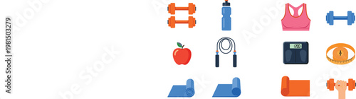 Fitness and Workout Icons Set Featuring Dumbbells, Water Bottle, Yoga Mat, Scale, and Healthy Lifestyle Equipment