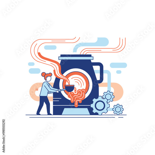 Industrial Process Illustration with Worker and Machinery.