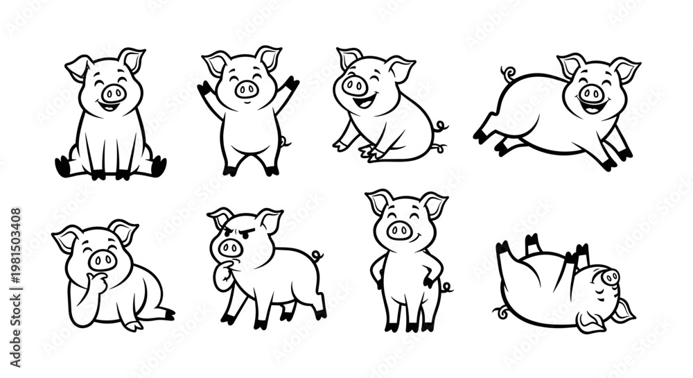 Obraz premium Collection of playful cartoon pigs in various adorable poses isolated on a clean white background perfect
