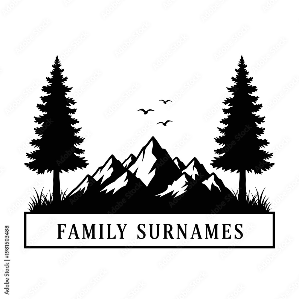 Obraz premium Majestic mountain range silhouette with pine trees and birds set against a white background perfect for family heritage