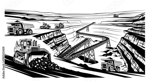 Coal mining operation with excavators and trucks.