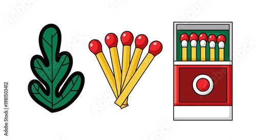 Illustration of a green leaf a fan of five red tipped matches and an open box of matches on a white background