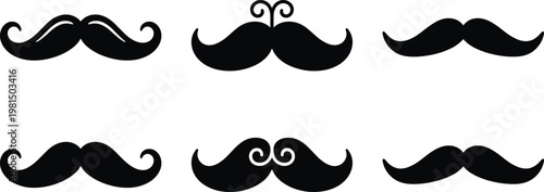 Stylish Black Mustache Icon Set with Unique Curly Designs, Vector Illustration for Men’s Fashion and Grooming