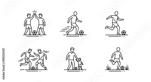 Diverse soccer players engaging in various actions from teamwork and celebration to training and casual play depicted