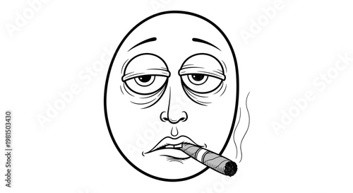 Exhausted cartoon face with dark circles under eyes smokes cigarette conveying weariness burnout and stress