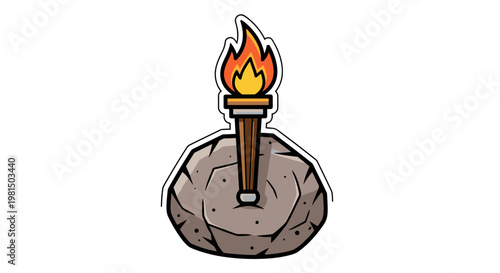 Ancient torch with bright flames burning atop a rugged stone symbolizing discovery knowledge and primitive illumination