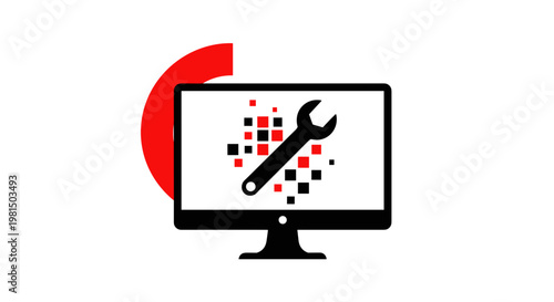 Computer repair icon with wrench and abstract digital data on screen representing technical support and it services