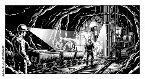 Miners working in a dark underground coal mine with equipment.