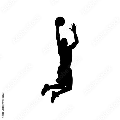 Basketball player executing layup with upward motion near the basket action Vector illustration