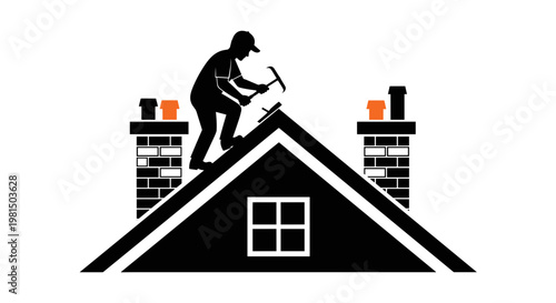 Silhouette of a roofer working on a house roof with chimneys performing maintenance and repair work on a sunny day