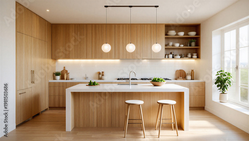Cuadro en lienzo Minimalist Light Wood Kitchen Interior with White Countertops and Modern Pendant
