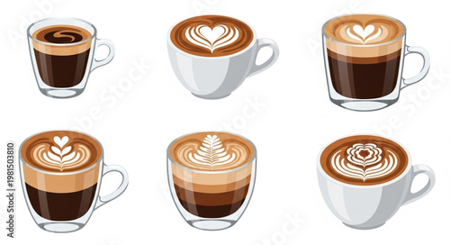 Collection of six delicious coffee drinks with latte art.