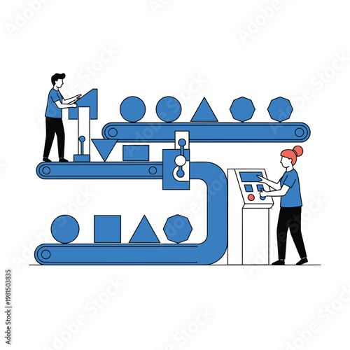 Factory production line with workers and shapes.
