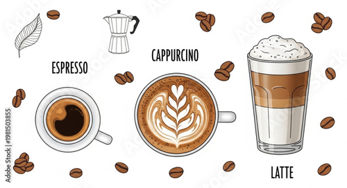 Espresso Cappuccino and Latte Coffee Drinks with Beans.