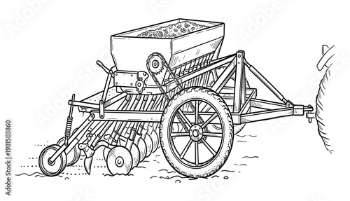 Agricultural planter machine with hopper and tines planting seeds in tilled soil in field