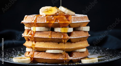Stack of golden waffles topped with sliced bananas and drizzled with syrup a delicious breakfast or dessert studio shot on dark backdrop