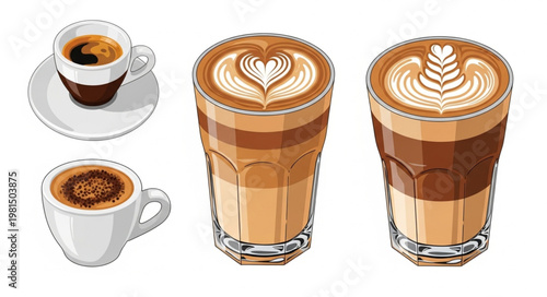 Three coffee drinks with latte art and espresso shots.