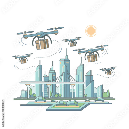 Drones delivering packages over futuristic city skyline.