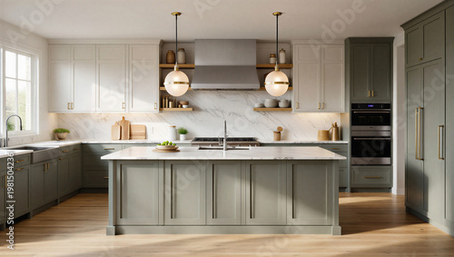 Photos Elegant Modern Kitchen with Sage Green Cabinets, Marble Backsplash, and Large Ce