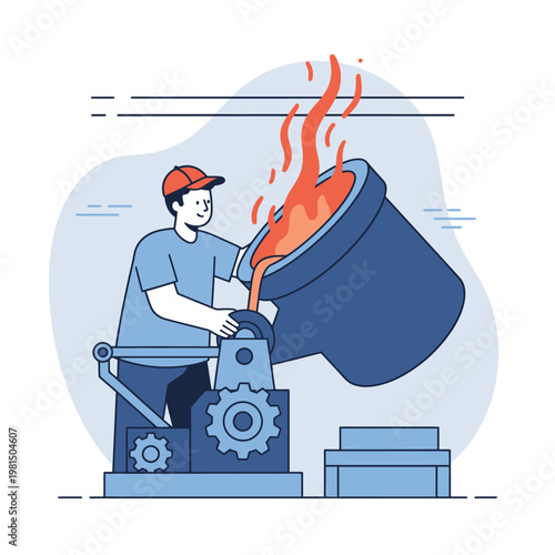 Industrial worker pouring molten metal in foundry.
