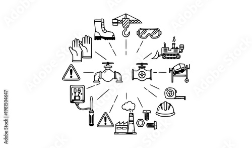 Industrial Labor and Construction Flat Line Icons in Radial Layout with Worker Tools Safety Gear and Machinery Vector