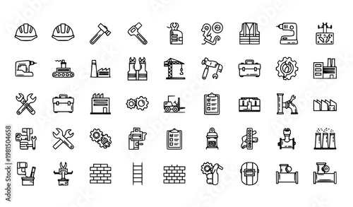 Labor and Industrial Work Line Icon Set with Construction Tools Factory Equipment and Worker Safety Symbols Vector