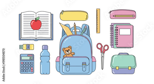 School supplies and backpack with stationery.