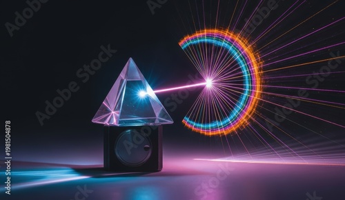 Glowing laser beam refracting through crystal glass pyramid in dark room