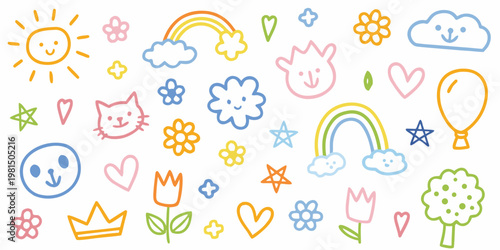 Colorful doodle illustrations of a sun rainbow flowers and happy faces