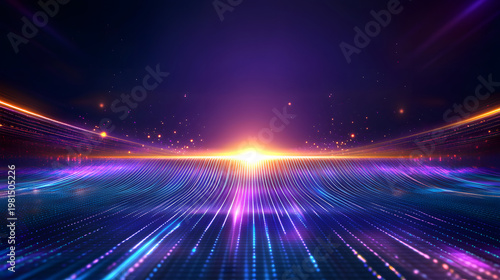 Digital ocean circuit wave horizon rising sun neon light futuristic abstract technology data background Futuristic abstract digital ocean with circuit wave lines toward horizon, rising sun glow