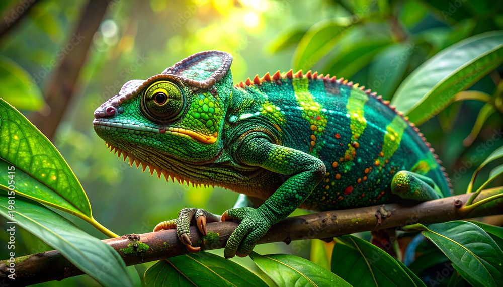 Fototapeta premium Vibrant chameleon on a tree branch