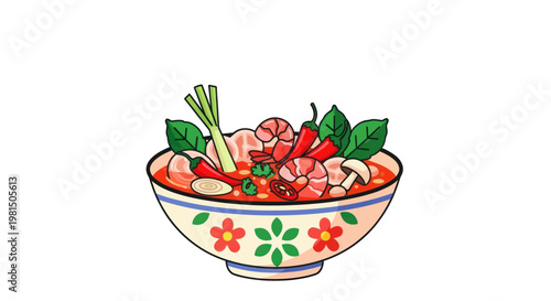 Spicy Thai Tom Yum Soup with Shrimp, Mushrooms, and Herbs in Decorative Bowl