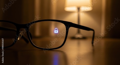 Glowing padlock icon reflected in glasses lens for cyber security