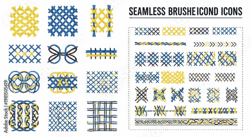 Seamless cross stitch patterns and icons, yellow and blue threads