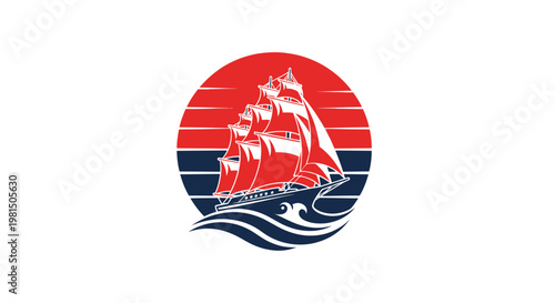 Vintage Tall Ship Sailing Through Waves at Sunset