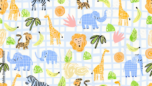 Playful pattern featuring colorful animals fruits and tropical leaves