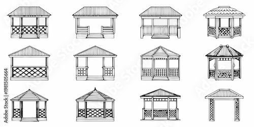 Collection of detailed black and white gazebo and pavilion illustrations