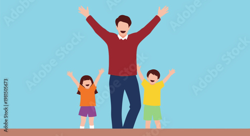 Happy family with father and two children raising hands in joy.