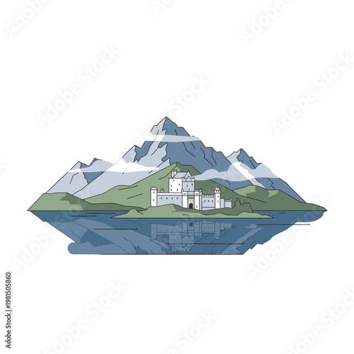 Majestic Castle on a Verdant Island Amidst Majestic Mountains.