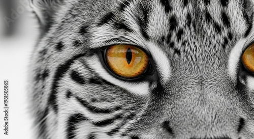 Extreme close up of snow leopard face with intense yellow eyes and thick fur
