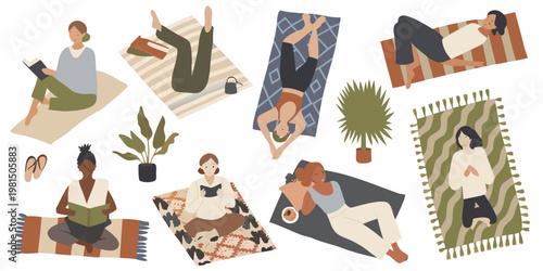 Diverse group of women relaxing outdoors on colorful rugs and mats