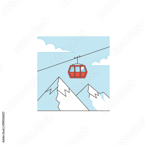 Red ski lift gondola traveling over snowy mountains.