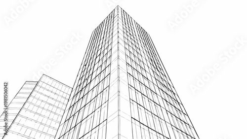 Architectural rendering of a modern skyscraper in a wireframe style