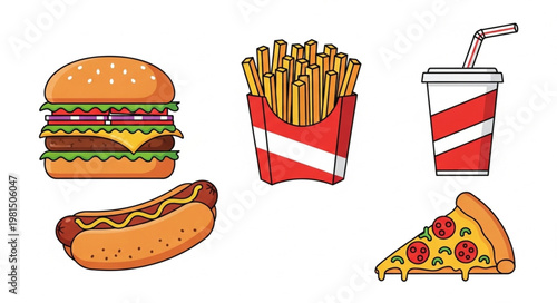 Collection of delicious fast food items including burger fries hotdog pizza and soda.