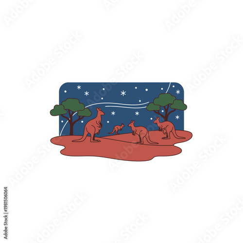 Three kangaroos in a stylized Australian landscape at night.