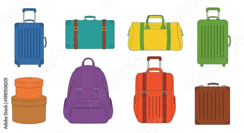 Collection of colorful luggage and bags for travel, isolated on white background.